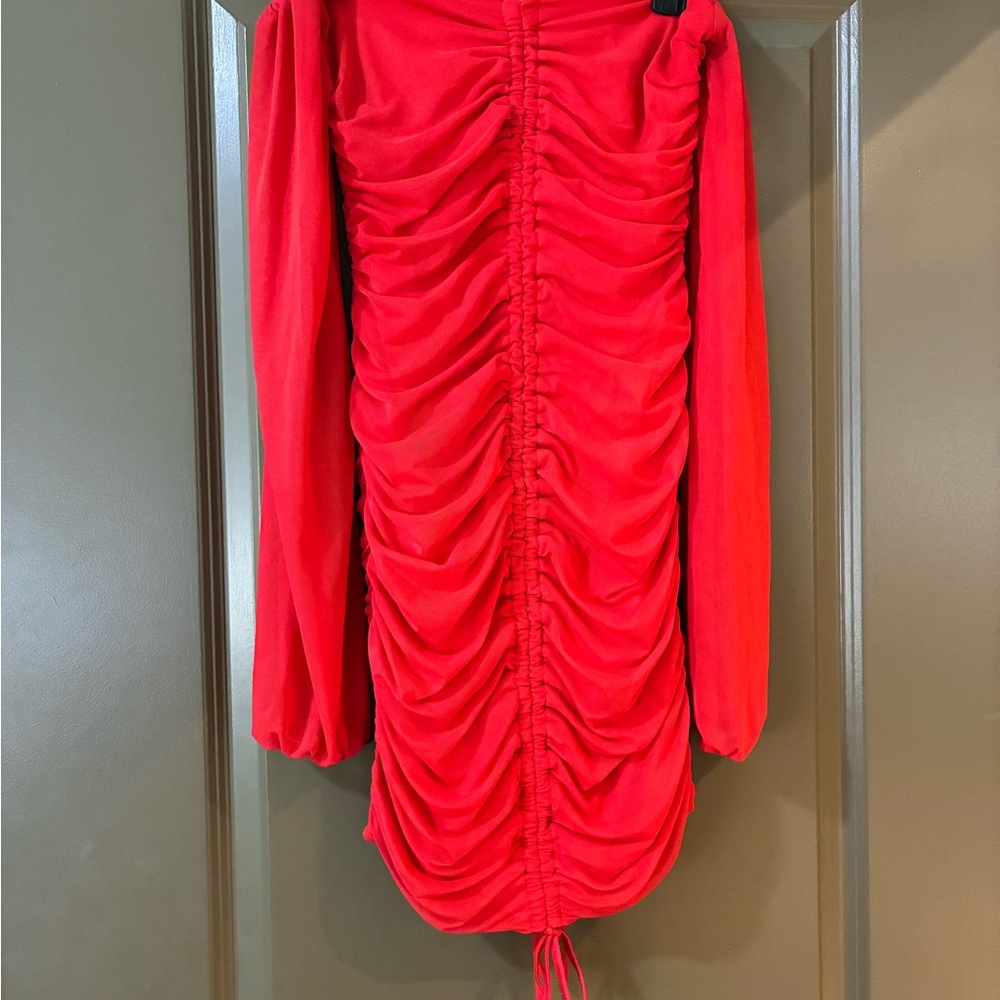Red Ruched Long Sleeve Mini Dress
